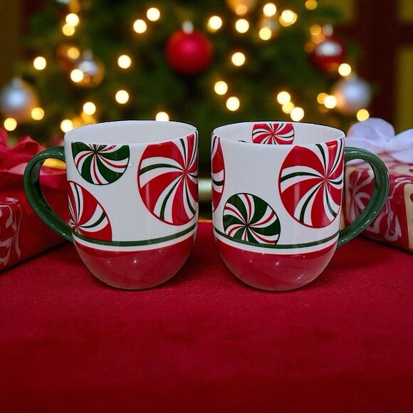 Set of 2 Vintage Pier 1 Hand Painted Red White Green 'CANDY CANE' Coffee Tea Mug - Picture 1 of 16